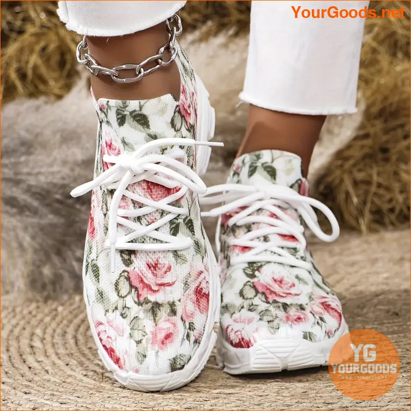 Women's Flower Pattern Sneakers, Breathable Flying Woven Outdoor Shoes, Comfortable Low Top Sport Shoes - YourGoods Online Shop