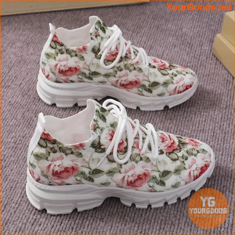 Women's Flower Pattern Sneakers, Breathable Flying Woven Outdoor Shoes, Comfortable Low Top Sport Shoes - YourGoods Online Shop