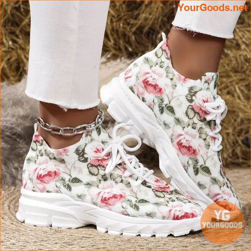 Women's Flower Pattern Sneakers, Breathable Flying Woven Outdoor Shoes, Comfortable Low Top Sport Shoes - YourGoods Online Shop