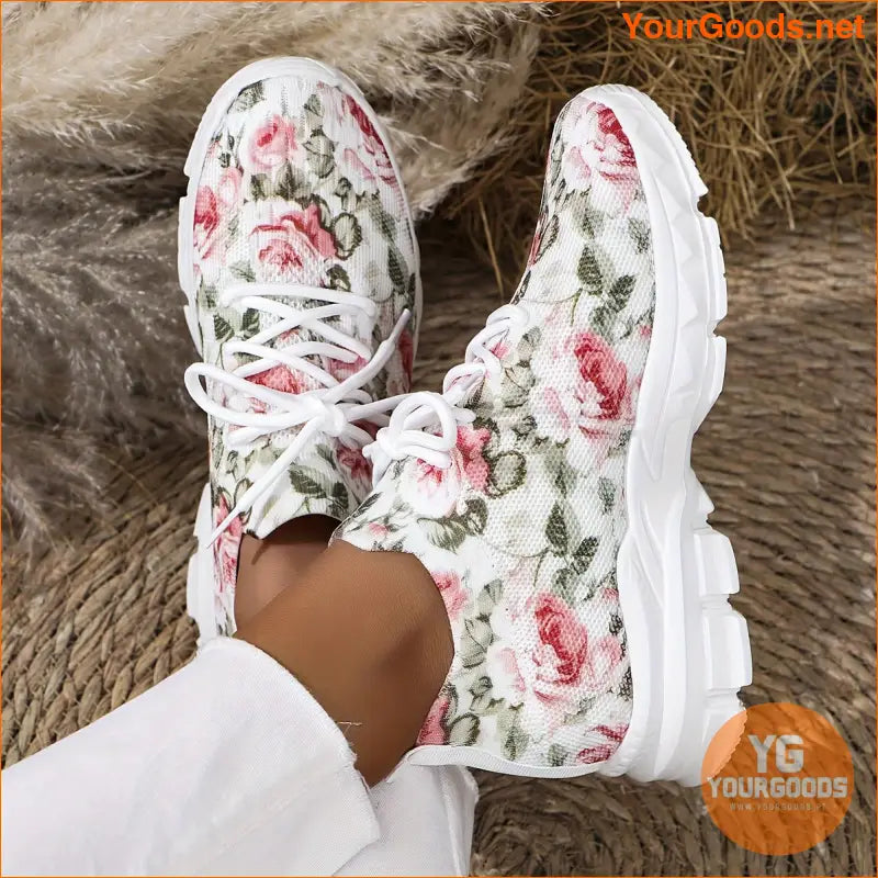 Women's Flower Pattern Sneakers, Breathable Flying Woven Outdoor Shoes, Comfortable Low Top Sport Shoes - YourGoods Online Shop