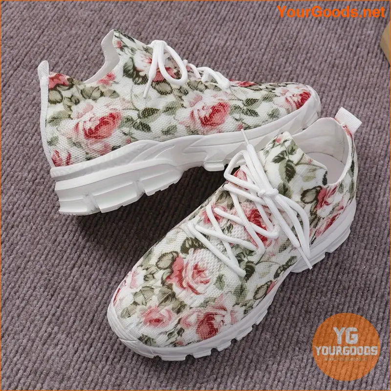 Women's Flower Pattern Sneakers, Breathable Flying Woven Outdoor Shoes, Comfortable Low Top Sport Shoes - YourGoods Online Shop