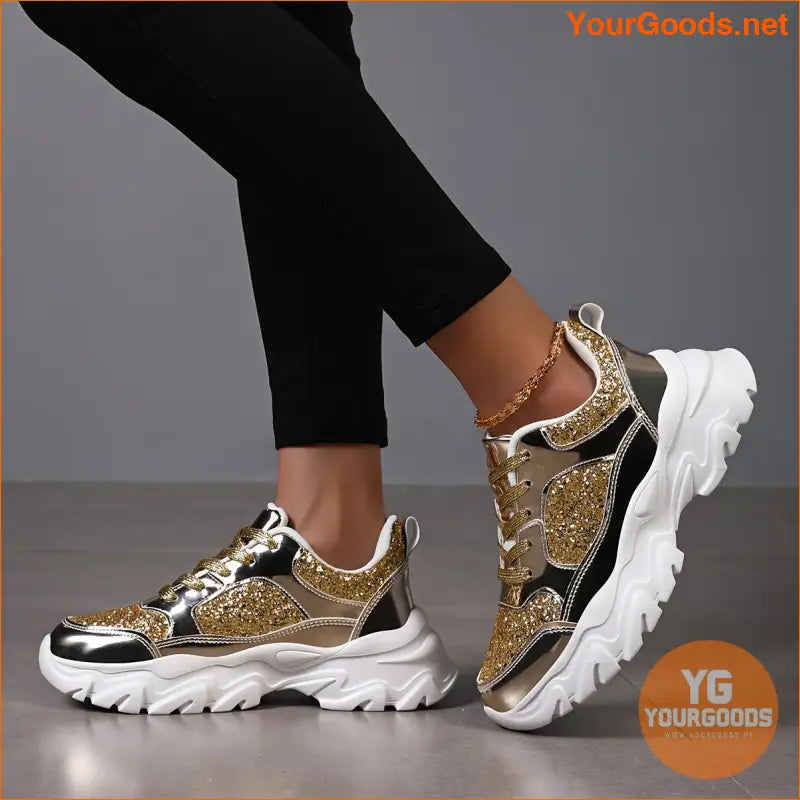 Women's Golden Glitter Design Chunky Sneakers, Casual Lace-up Platform Shoes, Comfortable Increased Height Shoes - YourGoods Online Shop