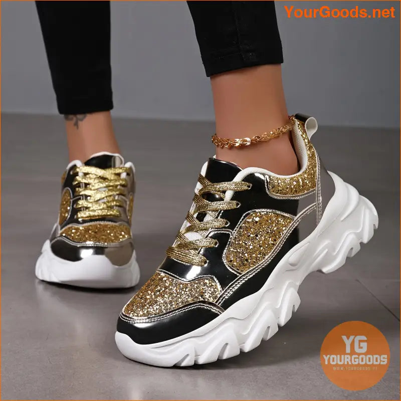 Women's Golden Glitter Design Chunky Sneakers, Casual Lace-up Platform Shoes, Comfortable Increased Height Shoes - YourGoods Online Shop