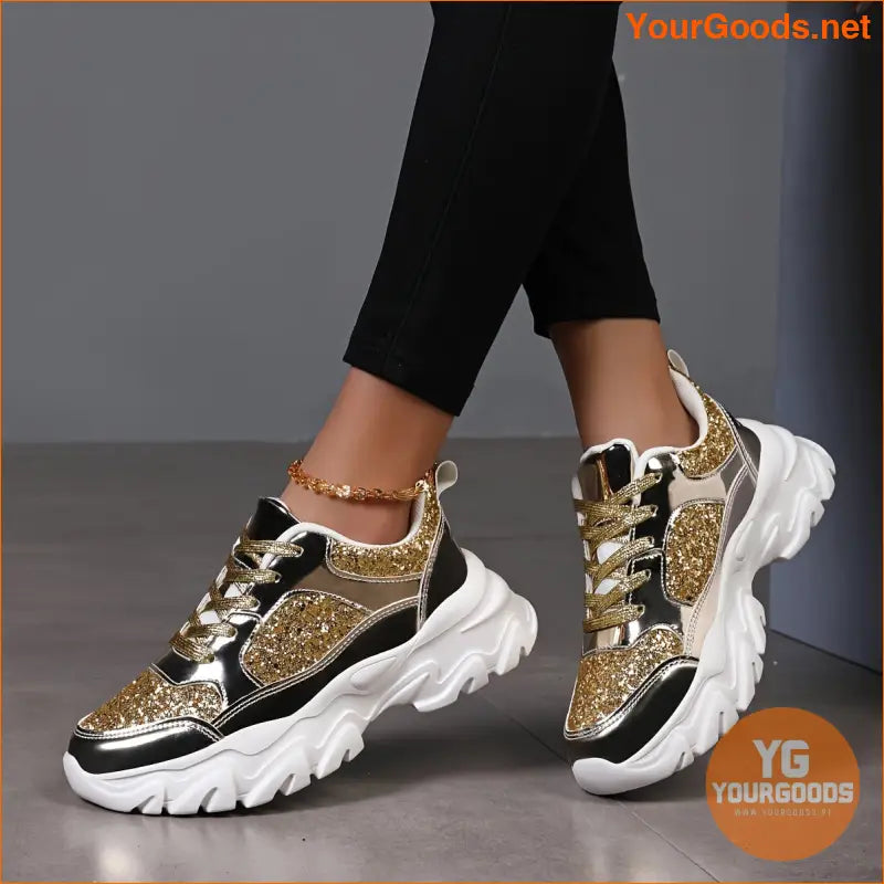 Women's Golden Glitter Design Chunky Sneakers, Casual Lace-up Platform Shoes, Comfortable Increased Height Shoes - YourGoods Online Shop