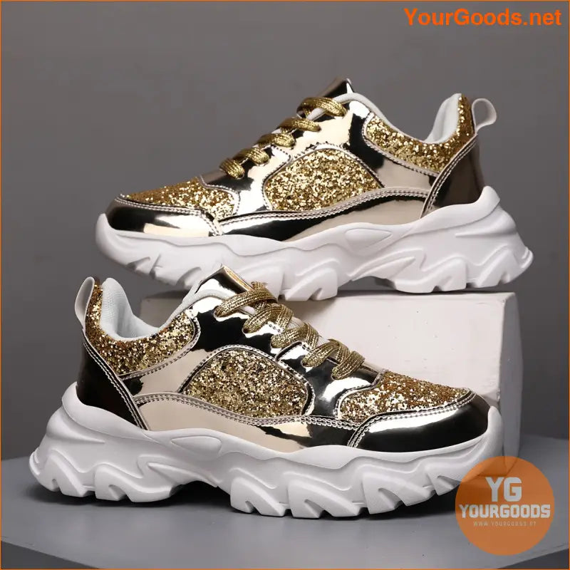 Women's Golden Glitter Design Chunky Sneakers, Casual Lace-up Platform Shoes, Comfortable Increased Height Shoes - YourGoods Online Shop