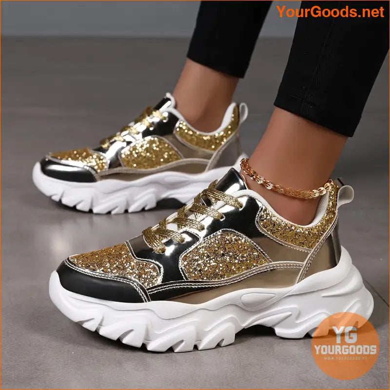 Women's Golden Glitter Design Chunky Sneakers, Casual Lace-up Platform Shoes, Comfortable Increased Height Shoes - YourGoods Online Shop