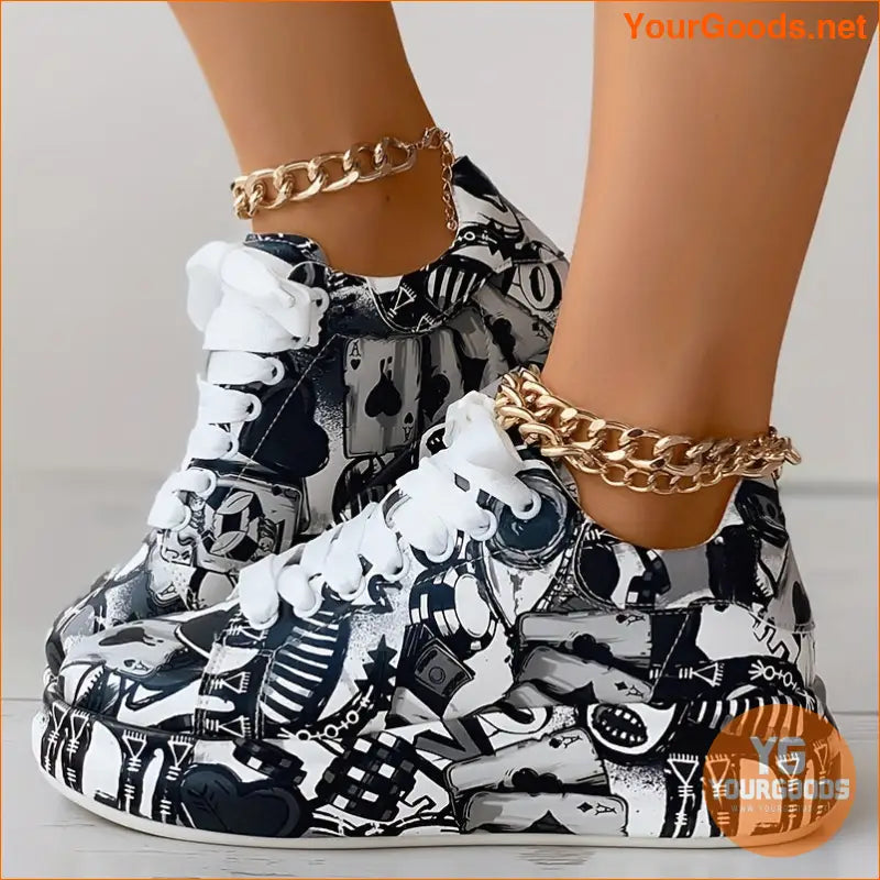 Women's Graffiti Print Sports Shoes, Fashion Lace Up Low Top Platform Sneakers, Casual Skate Shoes - YourGoods Online Shop