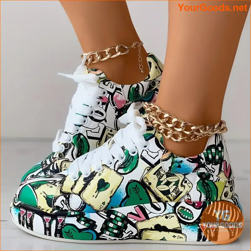 Women's Graffiti Print Sports Shoes, Fashion Lace Up Low Top Platform Sneakers, Casual Skate Shoes - YourGoods Online Shop