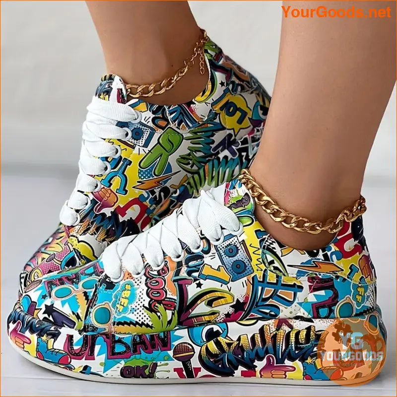 Women's Graffiti Print Sports Shoes, Fashion Lace Up Low Top Platform Sneakers, Casual Skate Shoes - YourGoods Online Shop