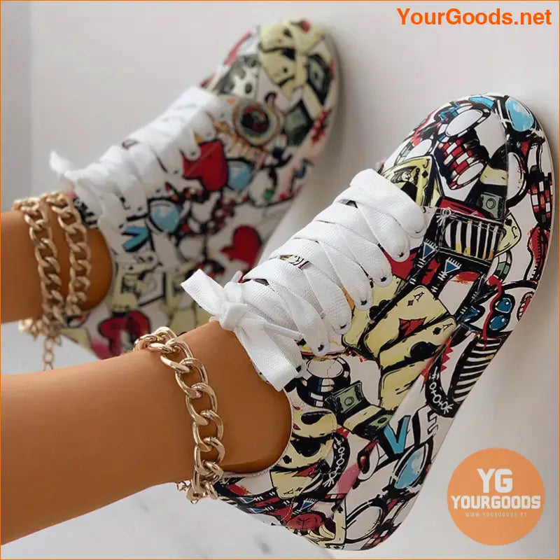 Women's Graffiti Print Sports Shoes, Fashion Lace Up Low Top Platform Sneakers, Casual Skate Shoes - YourGoods Online Shop