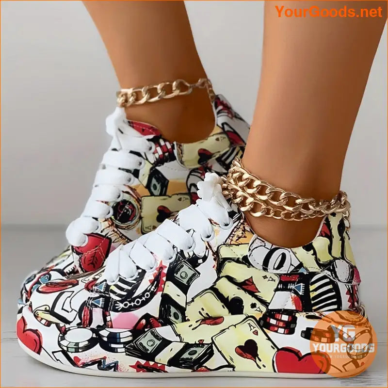 Women's Graffiti Print Sports Shoes, Fashion Lace Up Low Top Platform Sneakers, Casual Skate Shoes - YourGoods Online Shop