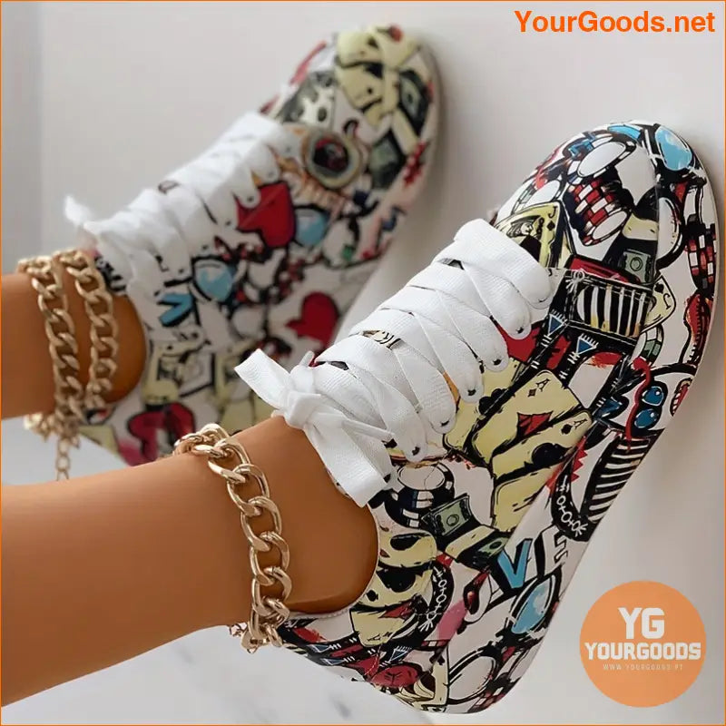 Women's Graffiti Print Sports Shoes, Fashion Lace Up Low Top Platform Sneakers, Casual Skate Shoes - YourGoods Online Shop