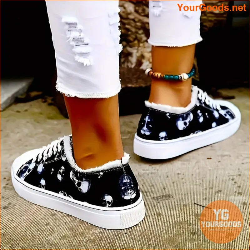 Women's Halloween Skull Print Sneakers, Casual Lace Up Outdoor Shoes, Comfortable Low Top Shoes - YourGoods Online Shop