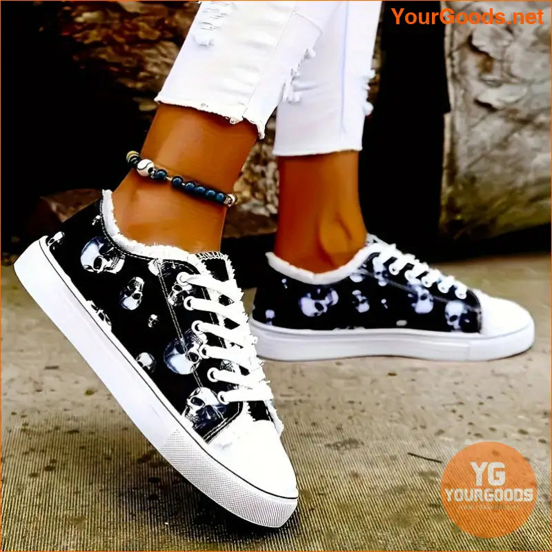 Women's Halloween Skull Print Sneakers, Casual Lace Up Outdoor Shoes, Comfortable Low Top Shoes - YourGoods Online Shop