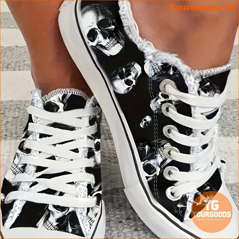 Women's Halloween Skull Print Sneakers, Casual Lace Up Outdoor Shoes, Comfortable Low Top Shoes - YourGoods Online Shop