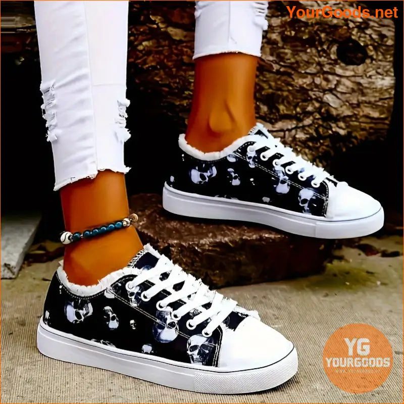 Women's Halloween Skull Print Sneakers, Casual Lace Up Outdoor Shoes, Comfortable Low Top Shoes - YourGoods Online Shop