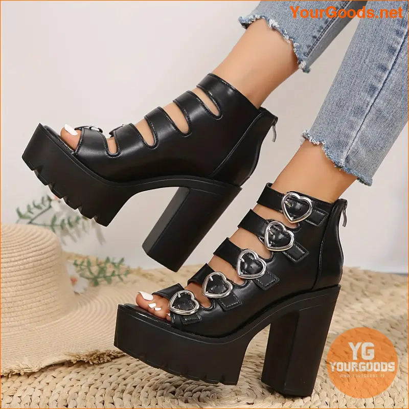 Womens Heart Buckle Platform Heels with Back Zipper - YourGoods Online Shop