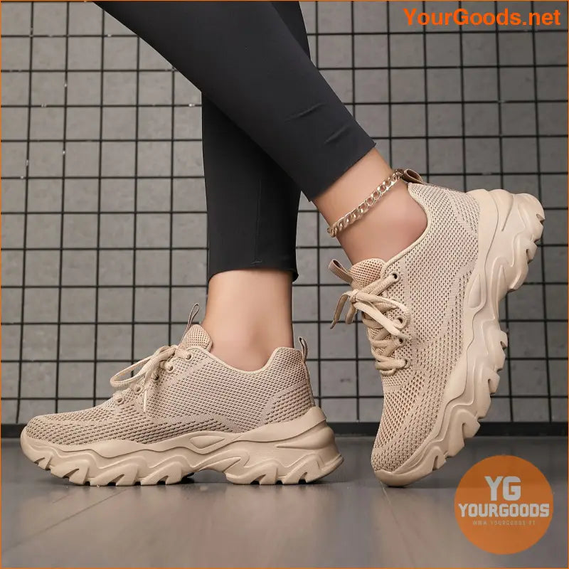 Women's Lace Up Casual Sneakers, Platform Soft Sole Mesh Running Comfort Shoes, Breathable Knitted Heightening Trainers - YourGoods Online Shop