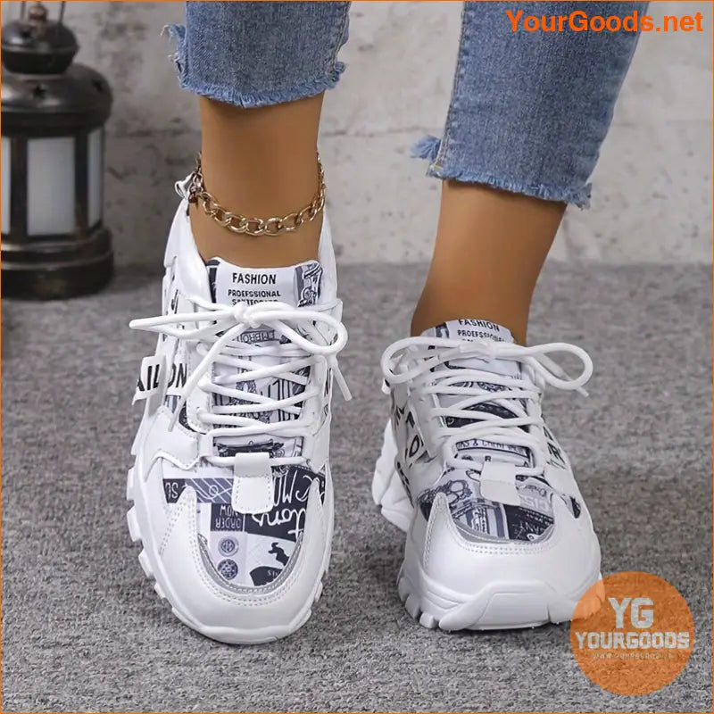 Women's Letter Pattern Casual Sneakers, Lace Up Platform Soft Sole Sporty Trainers, Lightweight Low-top Shoes - YourGoods Online Shop