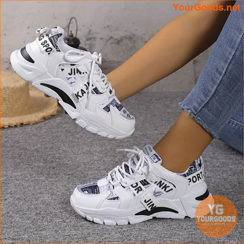 Women's Letter Pattern Casual Sneakers, Lace Up Platform Soft Sole Sporty Trainers, Lightweight Low-top Shoes - YourGoods Online Shop