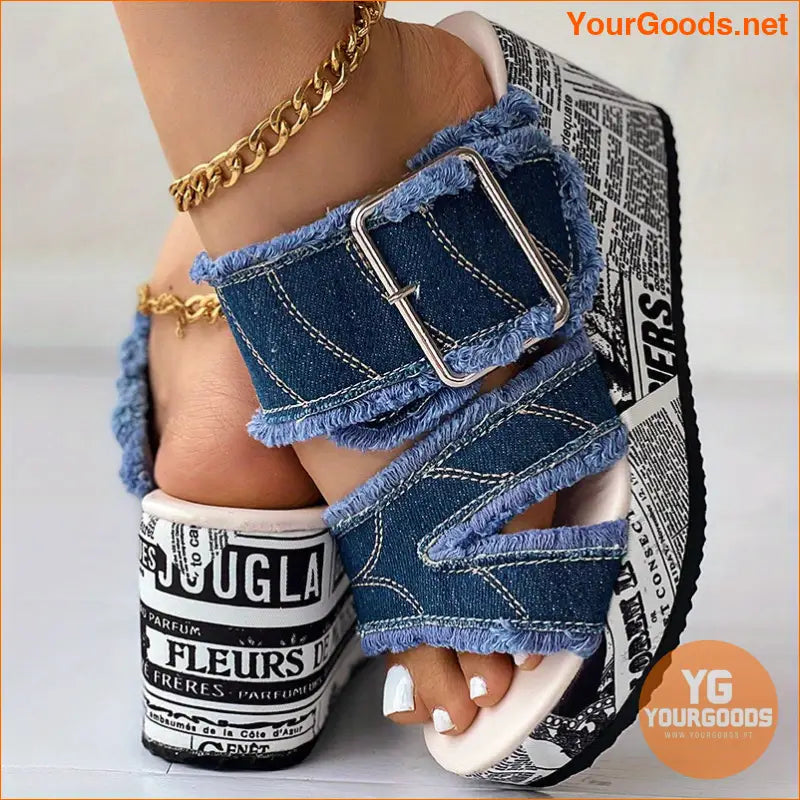 Womens Letter Print Denim Wedge Sandals Stylish SlipOn - YourGoods Online Shop