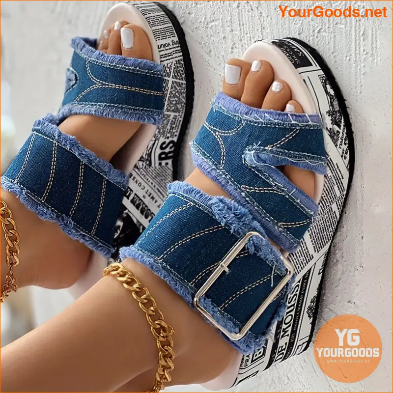 Womens Letter Print Denim Wedge Sandals Stylish SlipOn - YourGoods Online Shop