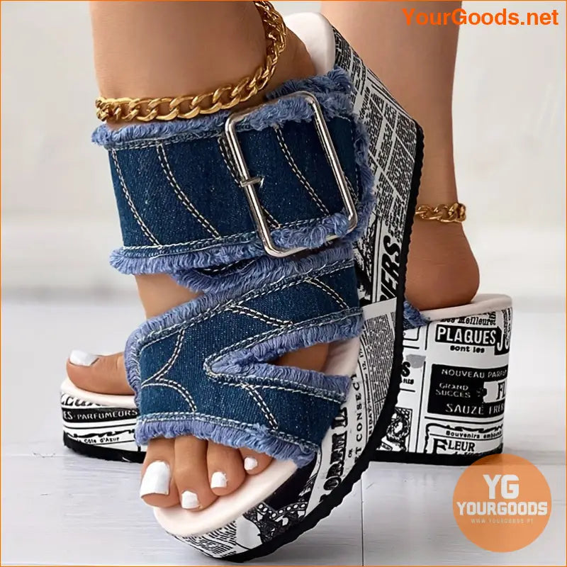 Womens Letter Print Denim Wedge Sandals Stylish SlipOn - YourGoods Online Shop