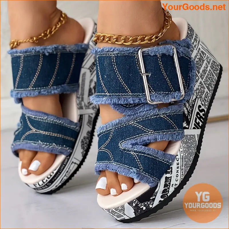 Womens Letter Print Denim Wedge Sandals Stylish SlipOn - YourGoods Online Shop