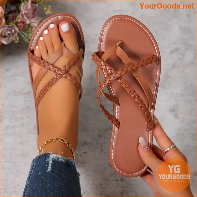 Womens Lightweight Braided Strap Beach Thong Sandals - YourGoods Online Shop