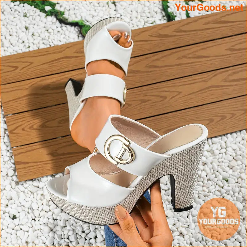 Womens Metallic Buckle Chunky Heel Sandals - YourGoods Online Shop