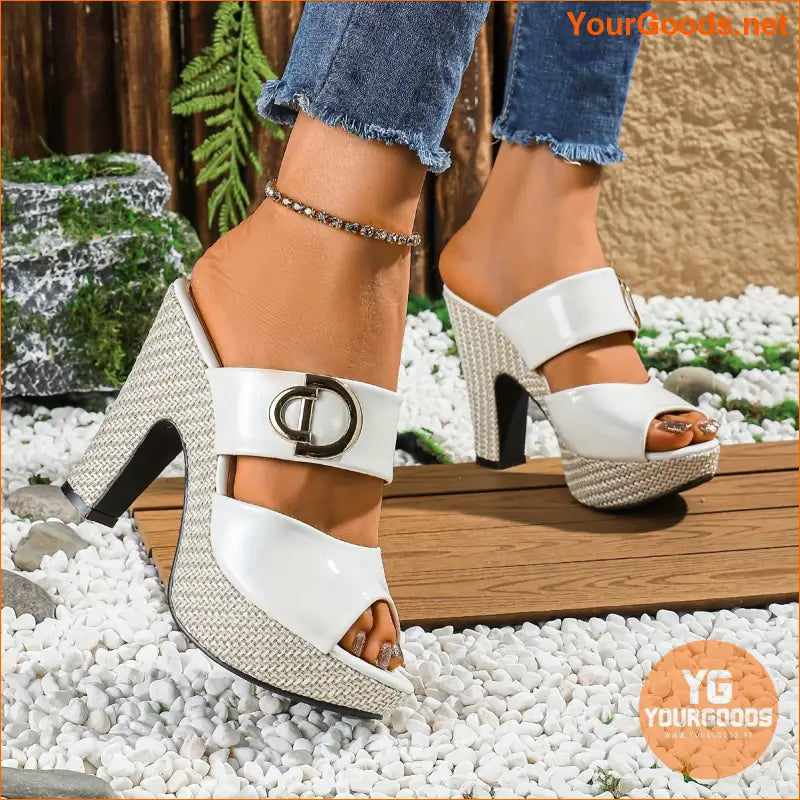 Womens Metallic Buckle Chunky Heel Sandals - YourGoods Online Shop