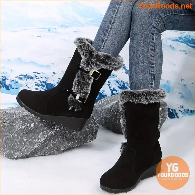 Womens Mid Heel Wedge Boots Flannel Lined Buckle Strap - YourGoods Online Shop