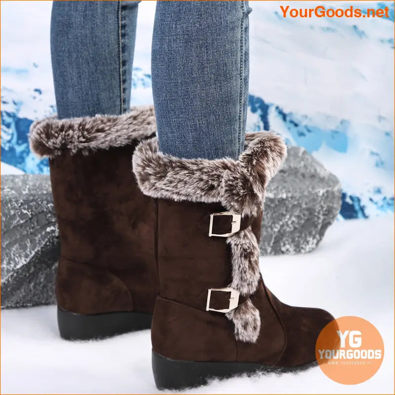 Womens Mid Heel Wedge Boots Flannel Lined Buckle Strap - YourGoods Online Shop