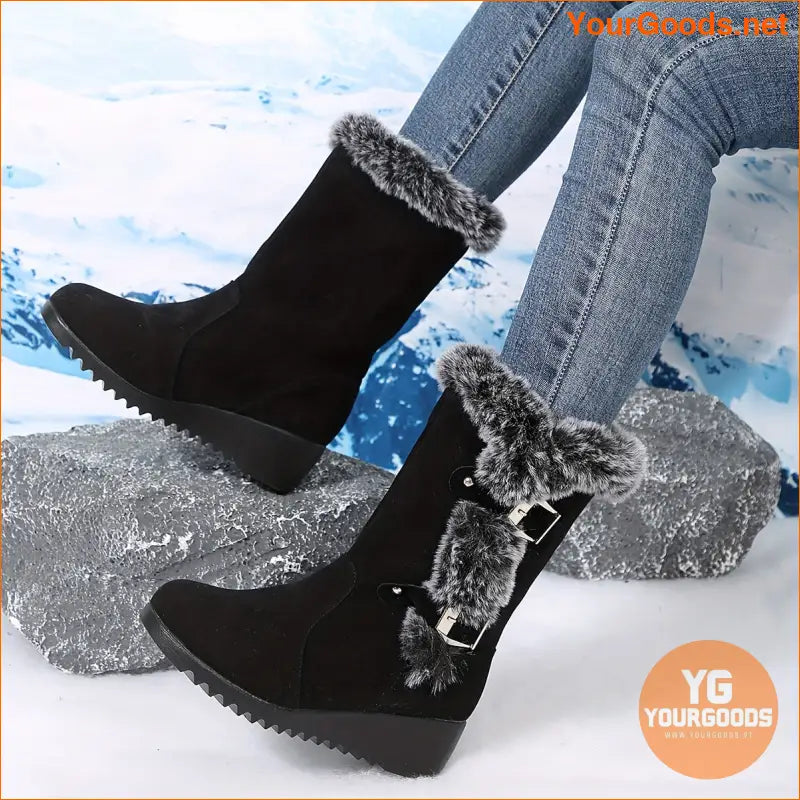 Womens Mid Heel Wedge Boots Flannel Lined Buckle Strap - YourGoods Online Shop