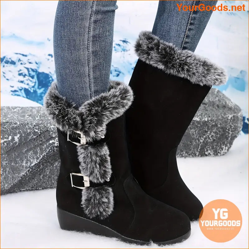 Womens Mid Heel Wedge Boots Flannel Lined Buckle Strap - YourGoods Online Shop