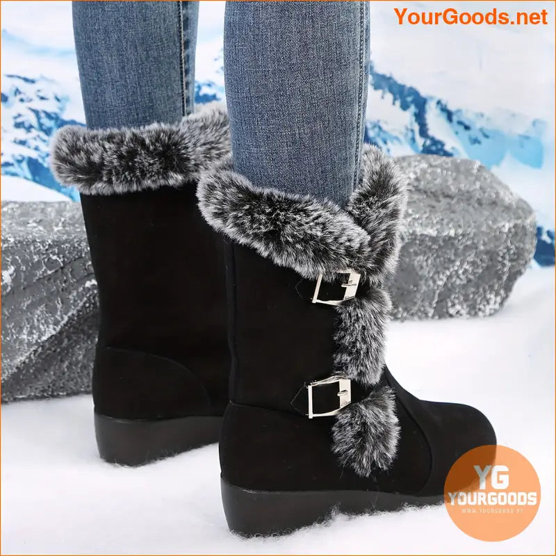 Womens Mid Heel Wedge Boots Flannel Lined Buckle Strap - YourGoods Online Shop