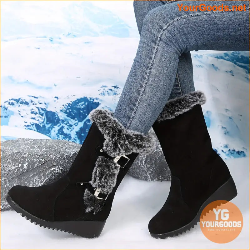 Womens Mid Heel Wedge Boots Flannel Lined Buckle Strap - YourGoods Online Shop