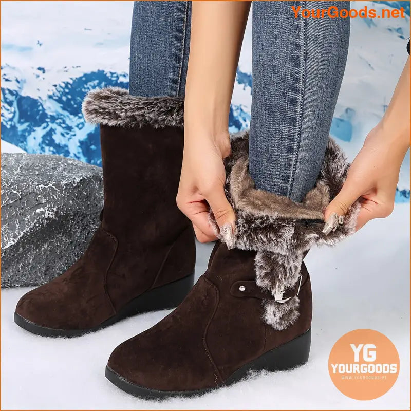 Womens Mid Heel Wedge Boots Flannel Lined Buckle Strap - YourGoods Online Shop