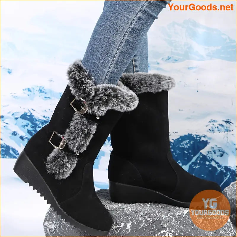 Womens Mid Heel Wedge Boots Flannel Lined Buckle Strap - YourGoods Online Shop