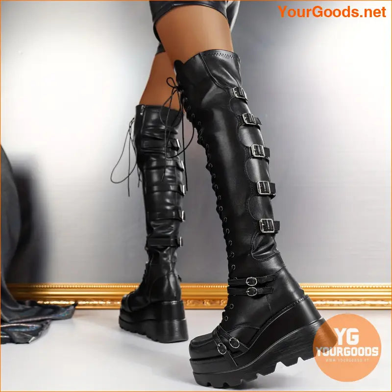 Womens OvertheKnee Platform Boots with Buckles and Zippers - YourGoods Online Shop