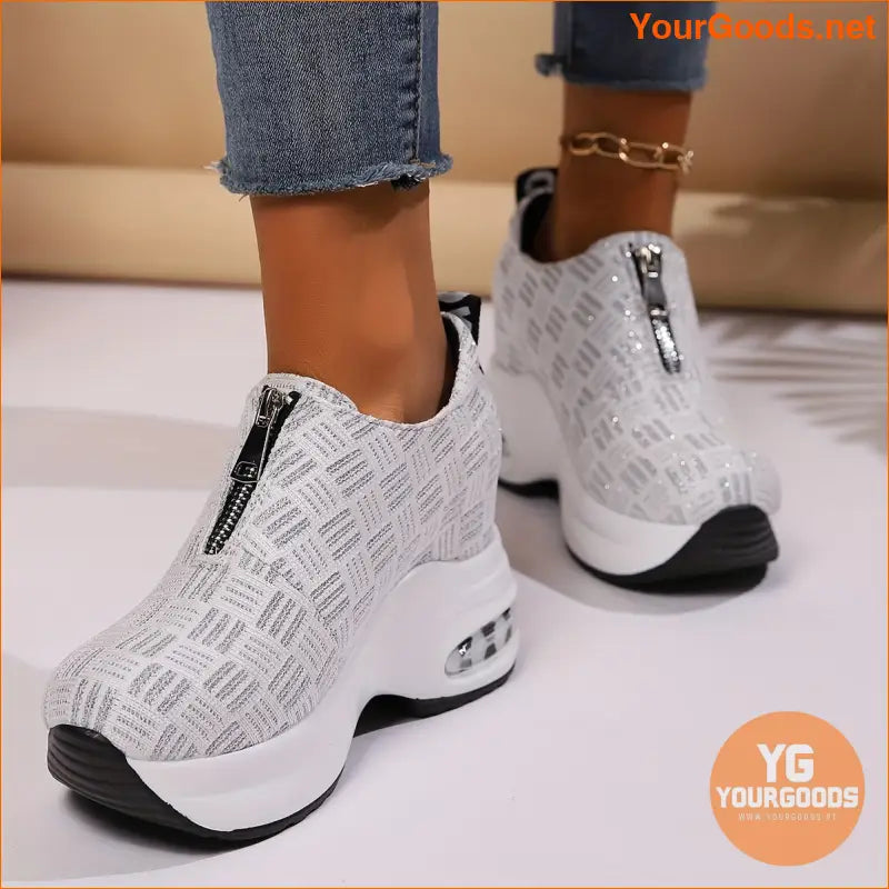 Women's Platform Slip On Sneakers, Front Zipper Soft Sole Walking Shoes, Comfort Inner Heightening Wedge Sneakers - YourGoods Online Shop