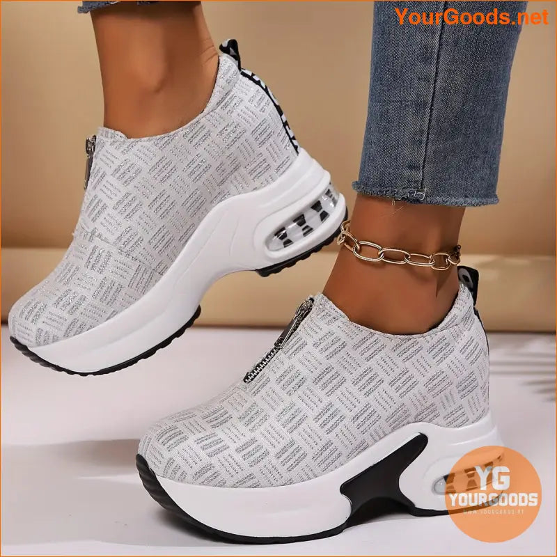 Women's Platform Slip On Sneakers, Front Zipper Soft Sole Walking Shoes, Comfort Inner Heightening Wedge Sneakers - YourGoods Online Shop