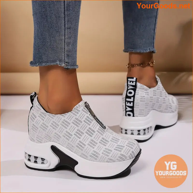 Women's Platform Slip On Sneakers, Front Zipper Soft Sole Walking Shoes, Comfort Inner Heightening Wedge Sneakers - YourGoods Online Shop