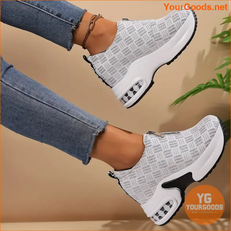 Women's Platform Slip On Sneakers, Front Zipper Soft Sole Walking Shoes, Comfort Inner Heightening Wedge Sneakers - YourGoods Online Shop