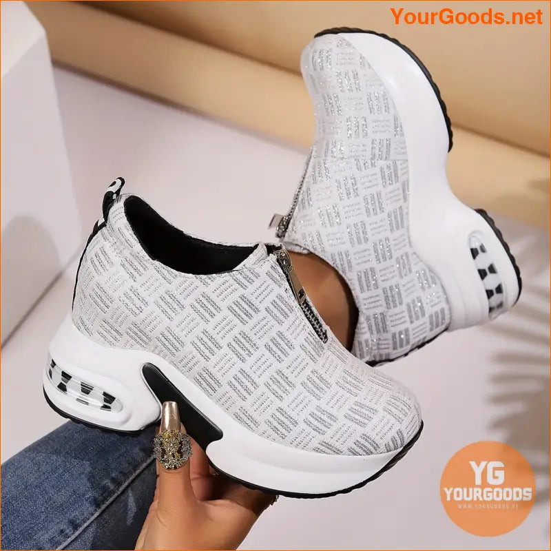 Women's Platform Slip On Sneakers, Front Zipper Soft Sole Walking Shoes, Comfort Inner Heightening Wedge Sneakers - YourGoods Online Shop