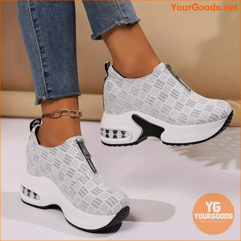 Women's Platform Slip On Sneakers, Front Zipper Soft Sole Walking Shoes, Comfort Inner Heightening Wedge Sneakers - YourGoods Online Shop