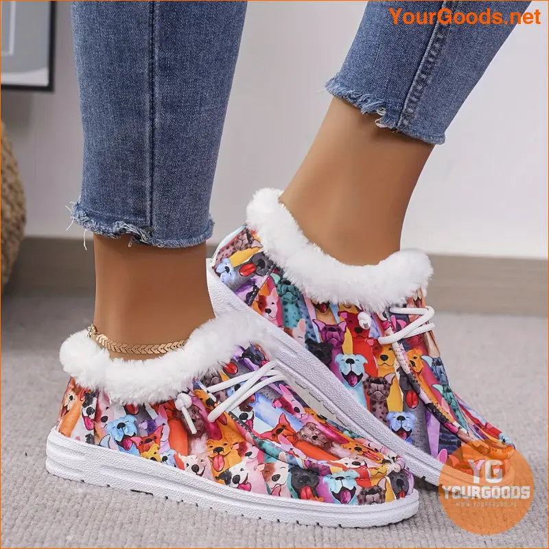 Womens Plush Dog Print Loafers Cozy Winter Walking Shoes - YourGoods Online Shop