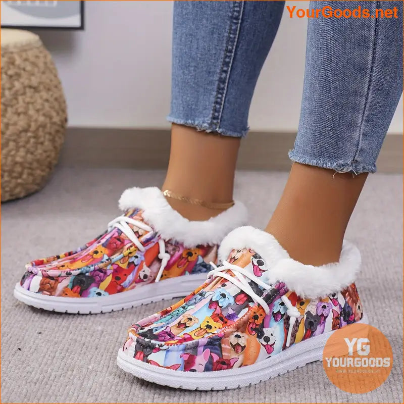 Womens Plush Dog Print Loafers Cozy Winter Walking Shoes - YourGoods Online Shop