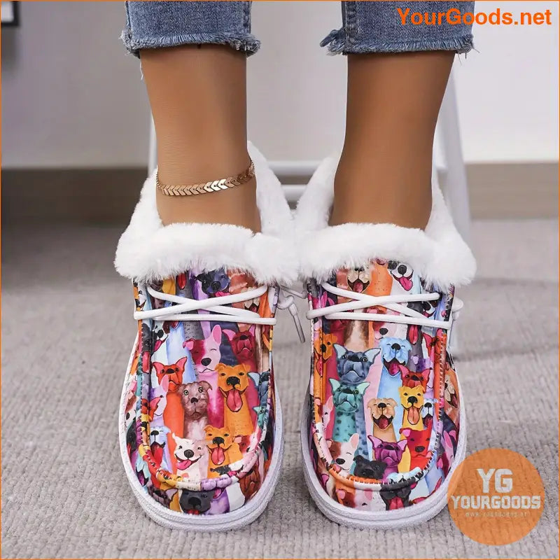 Womens Plush Dog Print Loafers Cozy Winter Walking Shoes - YourGoods Online Shop