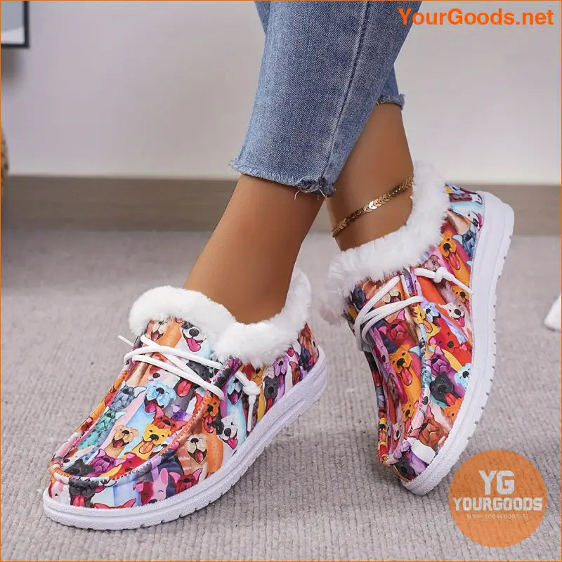 Womens Plush Dog Print Loafers Cozy Winter Walking Shoes - YourGoods Online Shop